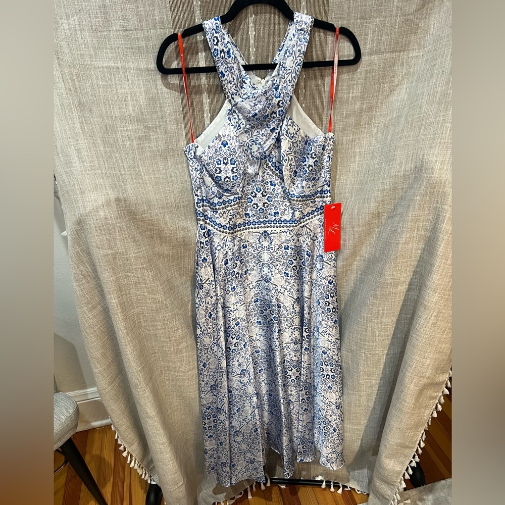ML by Monique Lhullier Blue and White printed halter flouncy dress
